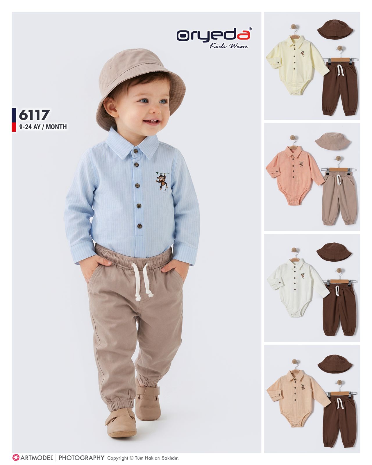 6117-ERKEK BASKILI GÖMLEKLİ ŞAPKALI TAKIM 9-24 AY