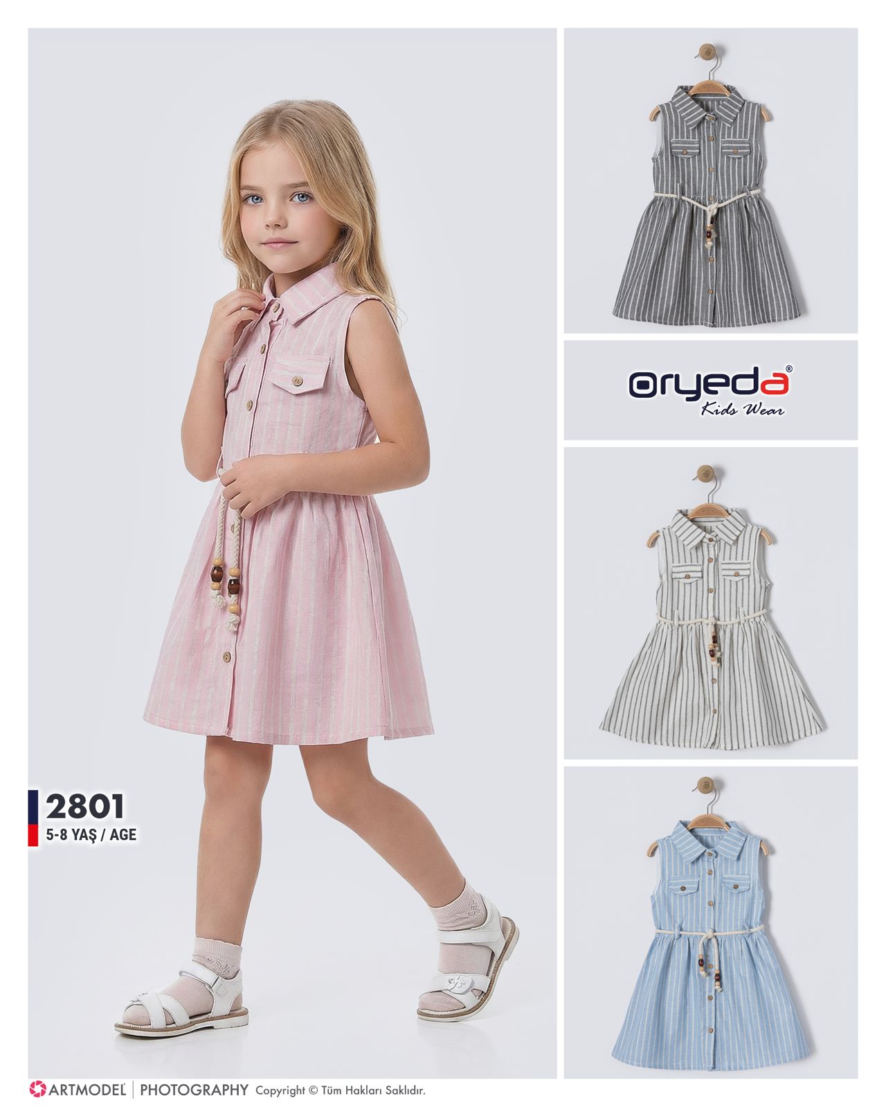 2801-KIZ ÇİZGİLİ ELBİSE 5-8 YAŞ